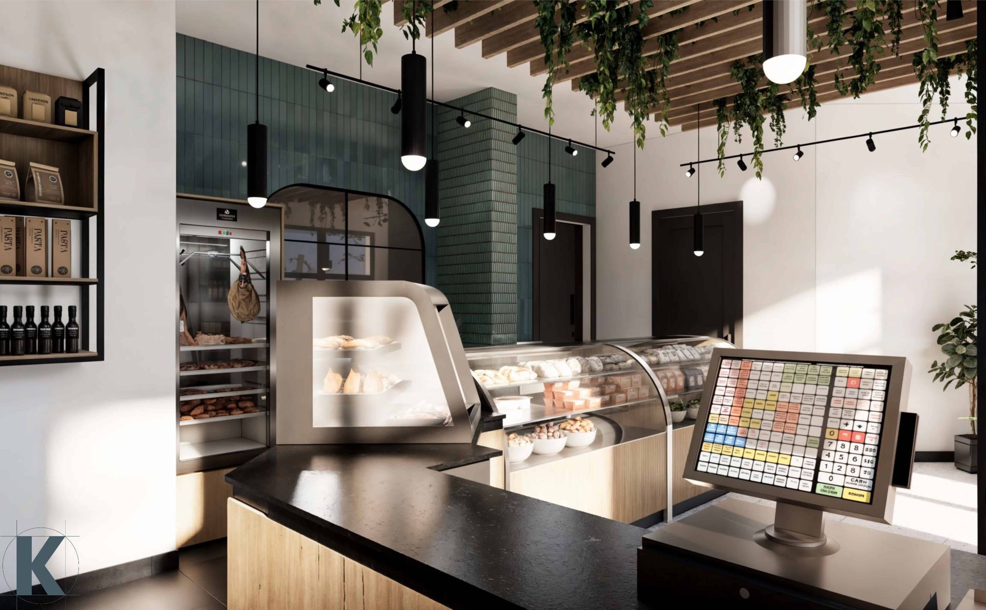 Un écran d'ordinateur est posé sur un comptoir dans une boulangerie.