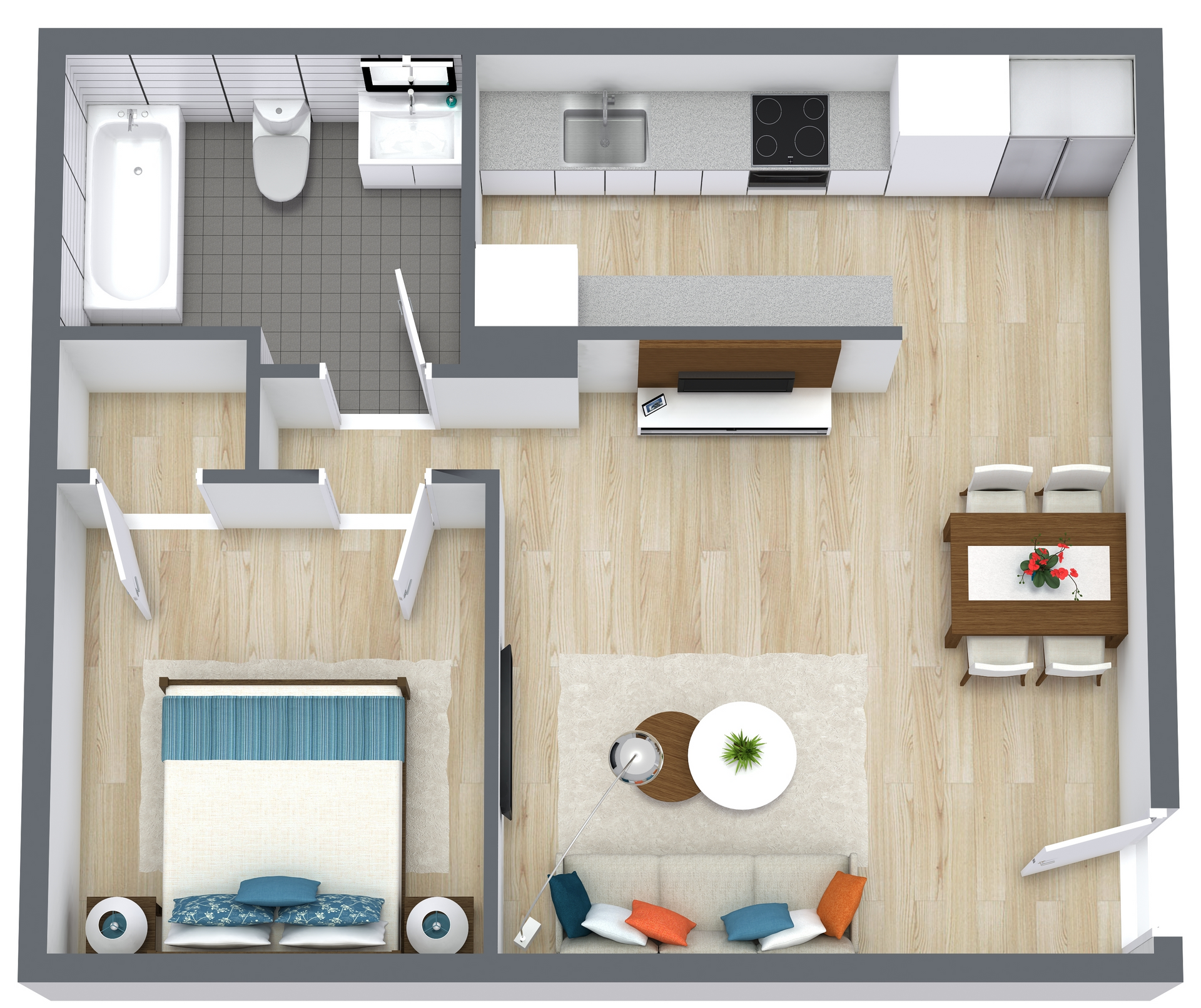 Top-down 3D floor plan of a small studio apartment with bathroom, bedroom, kitchen, and living area.