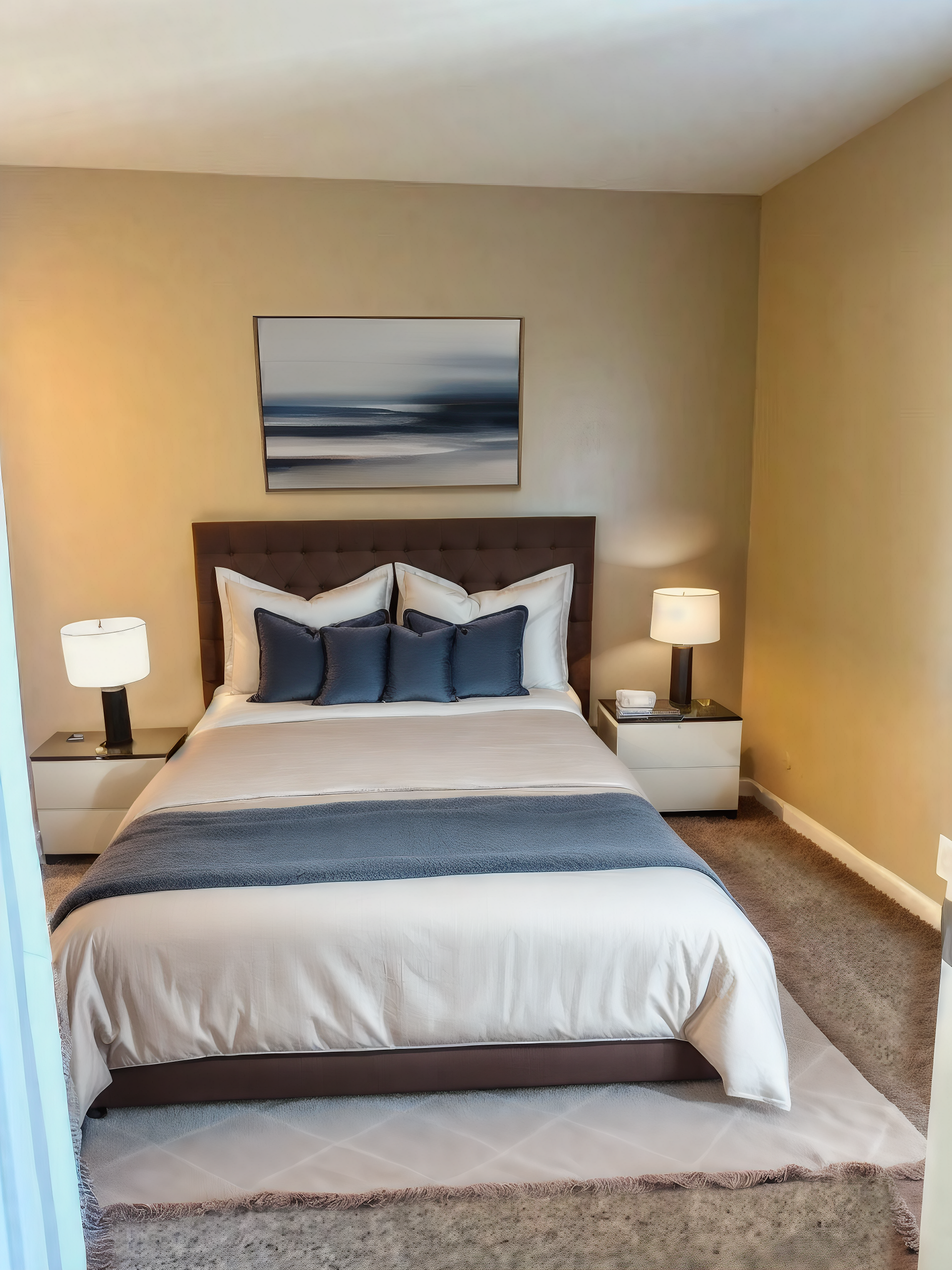 Cozy bedroom with a neatly made bed, bedside lamps, and a landscape painting above the headboard.