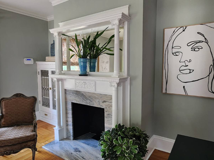 Living room with a white fireplace mantel, potted plant, wicker chair, and line-art portrait on the wall
