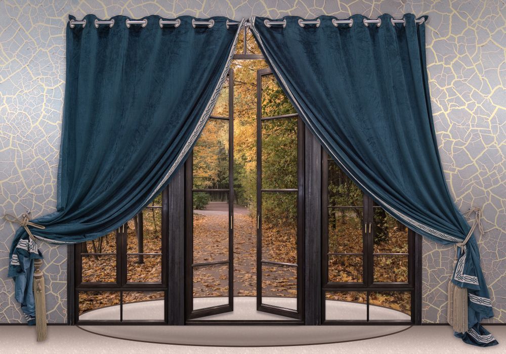 A Pair of Blue Curtains Are Hanging on a Window in a Room — Curtain Haven & Blinds in Wauchope, NSW