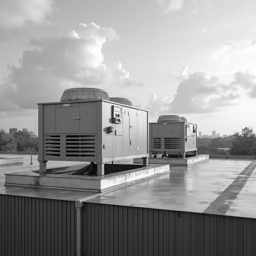 Rooftop view of commercial air conditioning units against a cloudy sky.