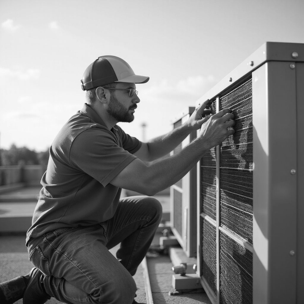 HVAC technician in blue shirt and jeans, yellow hard hat, working on rooftop air conditioning unit.