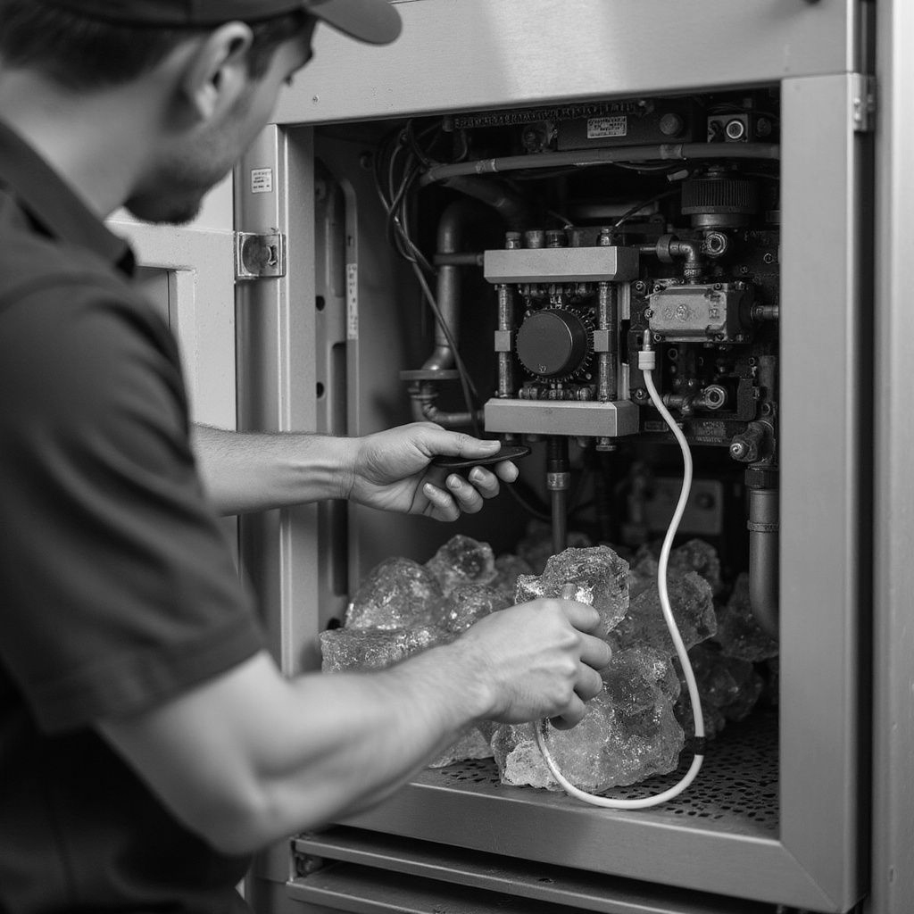 Man in blue shirt works on an ice machine, holding a tool near ice inside the unit.