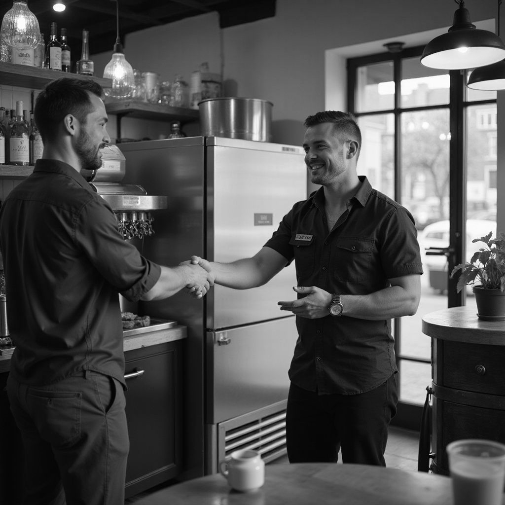 Two men shaking hands in a cafe. One smiles, pointing. Stainless steel fridge, wooden table, and bottles in the background.