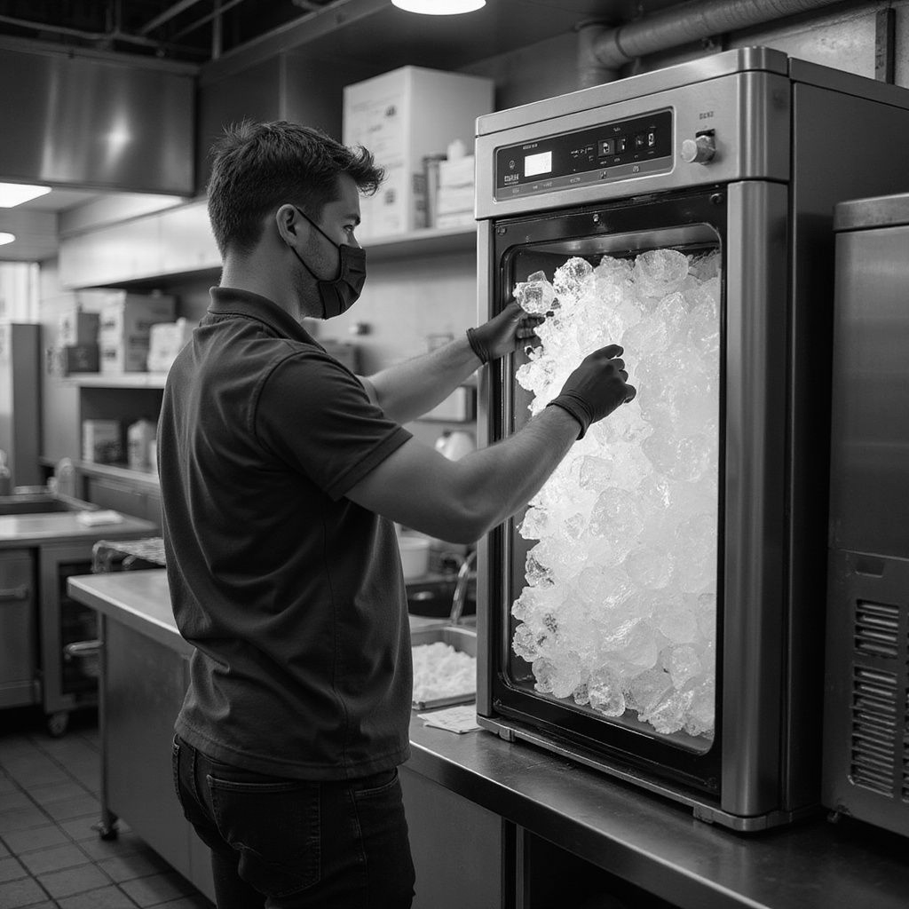 A person wearing a face mask and gloves reaches into a commercial ice machine in a kitchen.