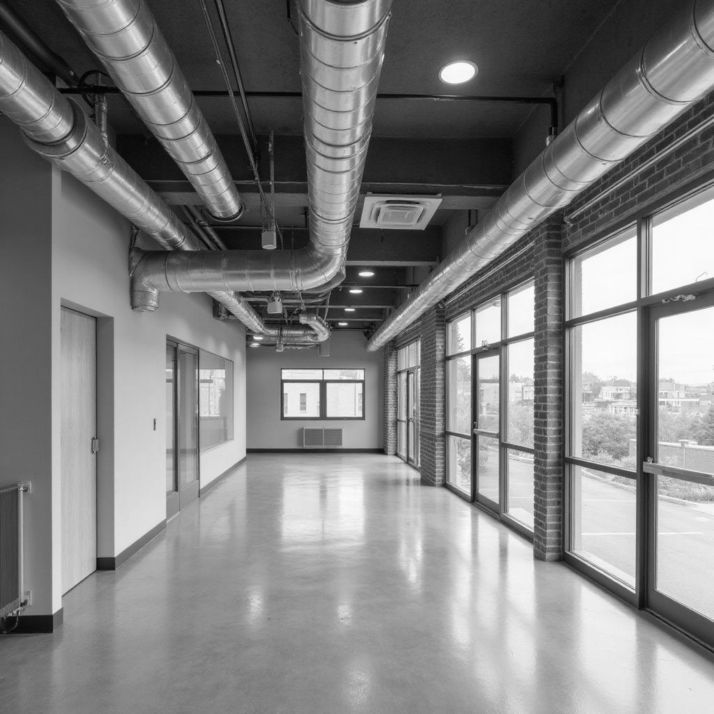 Interior hallway with exposed ductwork, brick wall with windows, and concrete floor.