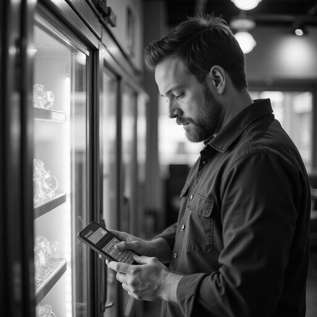 Man in blue shirt using a tablet in front of a glass-door cooler, possibly inventorying items.