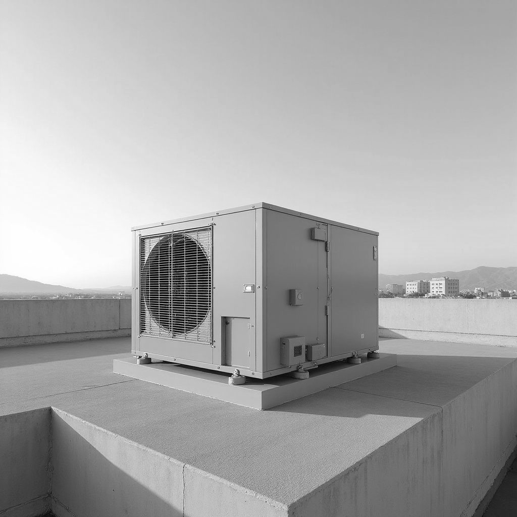 Gray HVAC unit on a rooftop, with a clear blue sky in the background.