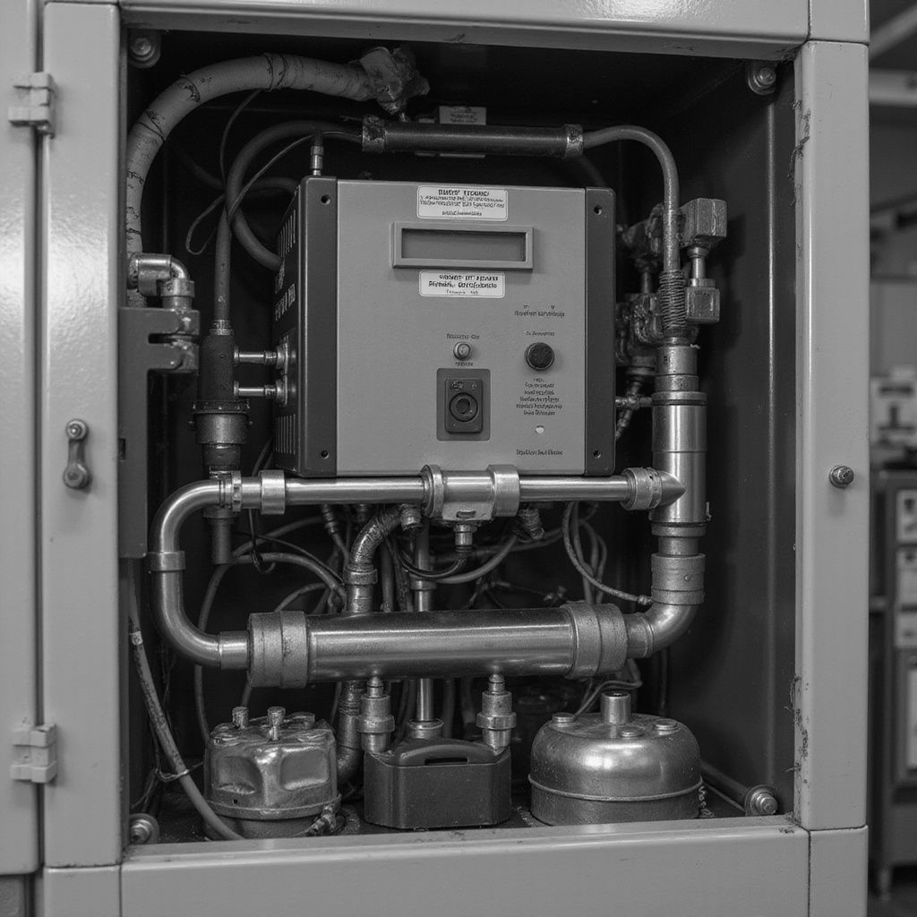 Gray control panel with gauges, pipes, and digital display within a cabinet.