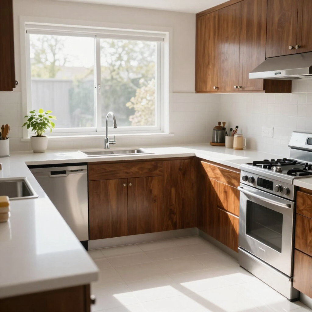 Bright modern kitchen with wood cabinets, white countertops, a window, and sunlight on the floor