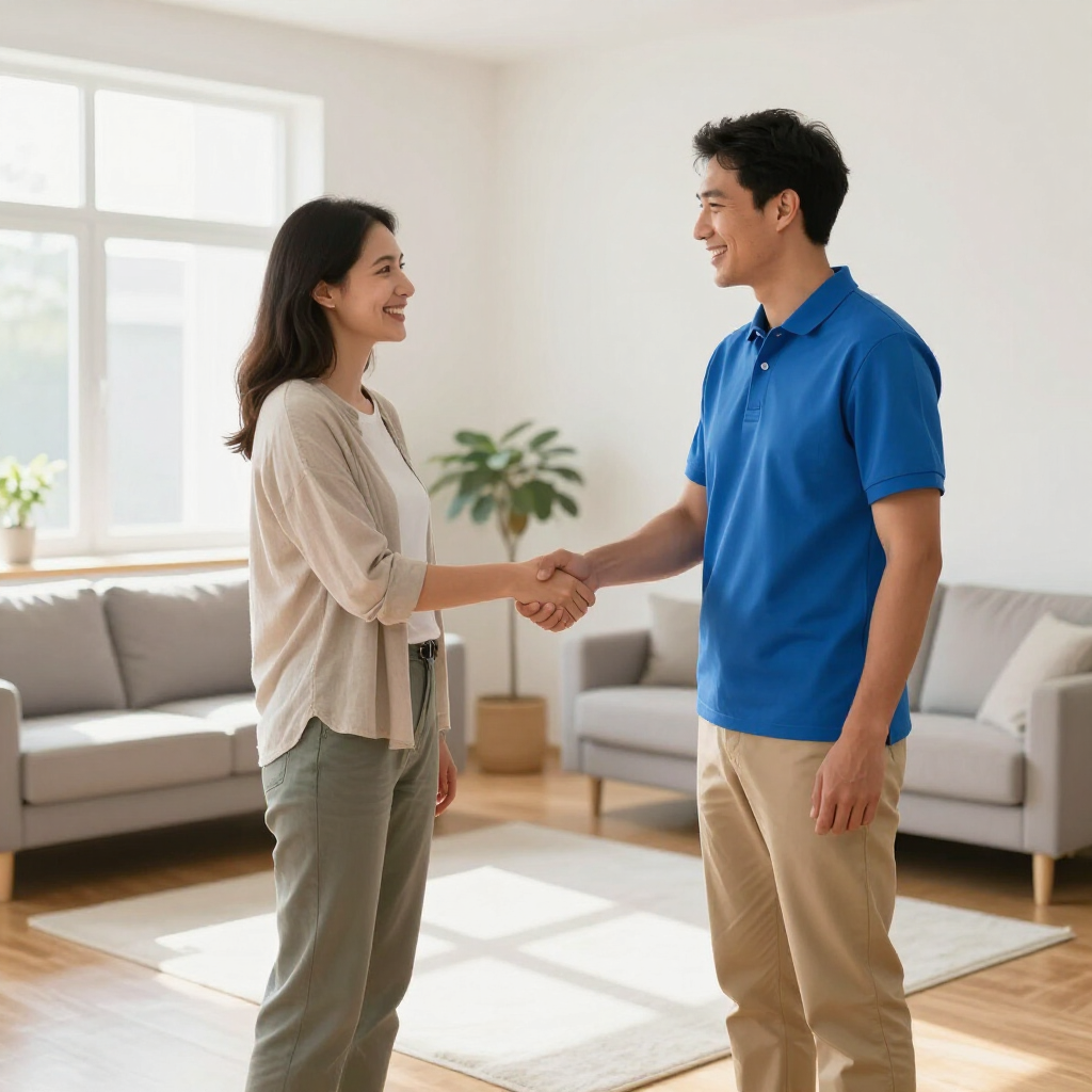 Two people shaking hands in a bright living room with a sofa and large window.