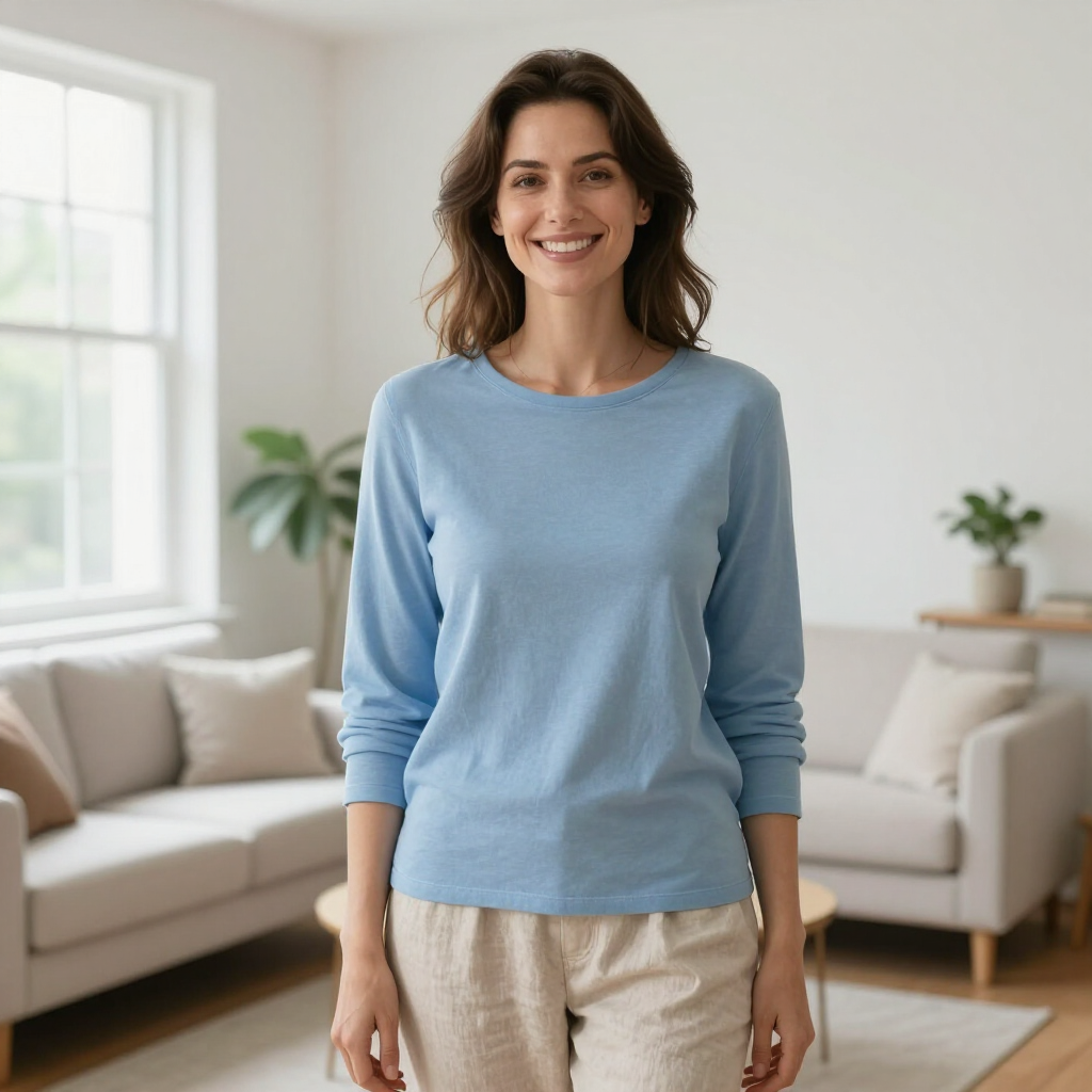 Smiling person in a light blue shirt standing in a bright living room