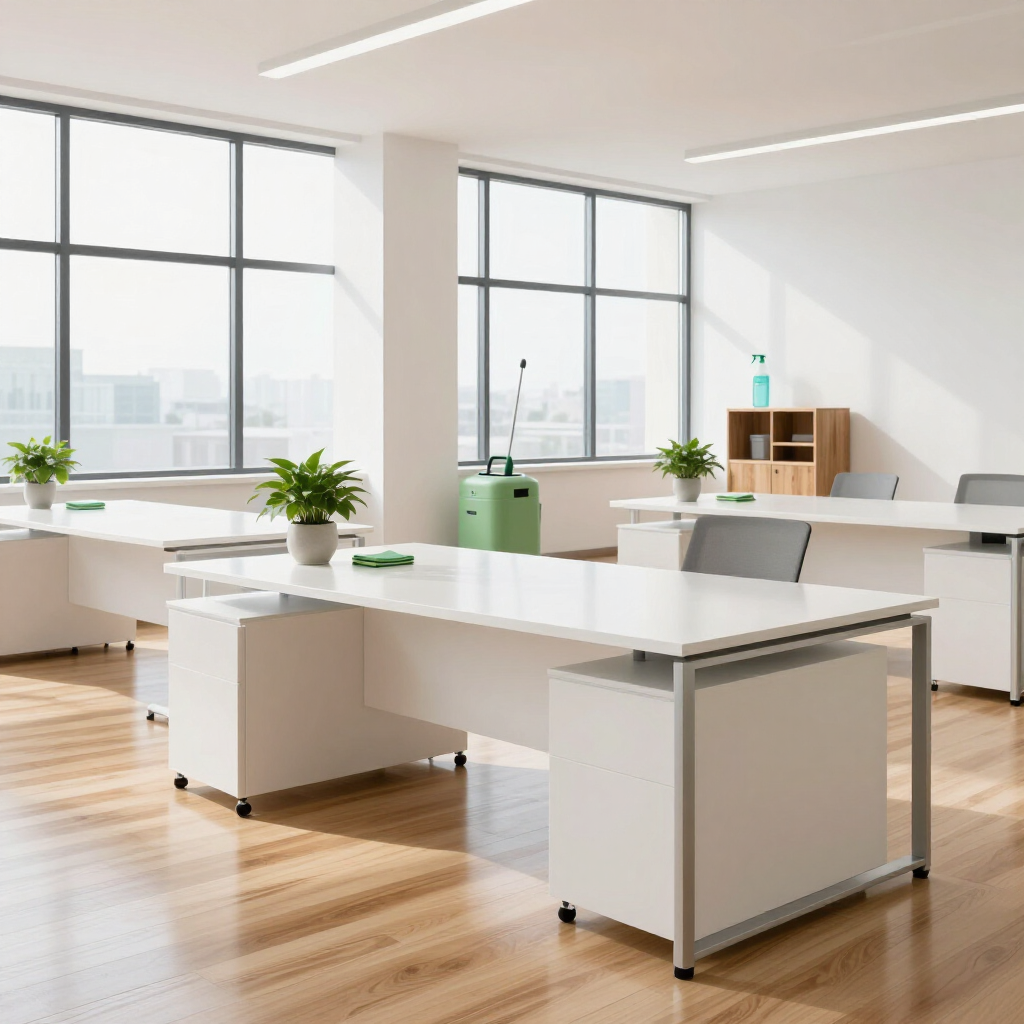 Bright modern office with white desks, potted plants, large windows, and wood floors