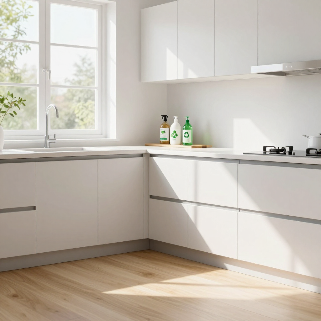 Bright modern white kitchen with sunlight, wooden floor, sink, cabinets, and countertop items