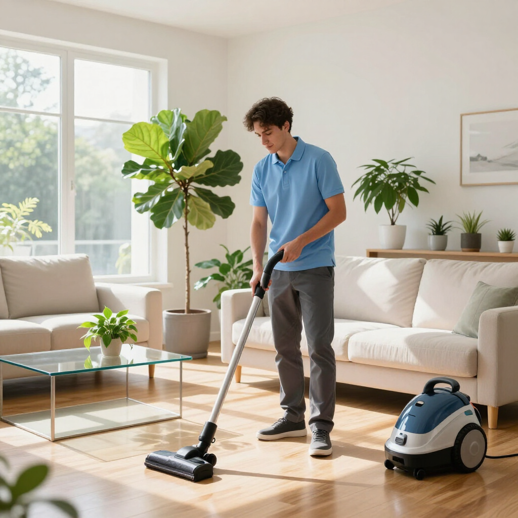 Person vacuuming a bright living room beside a robotic vacuum cleaner