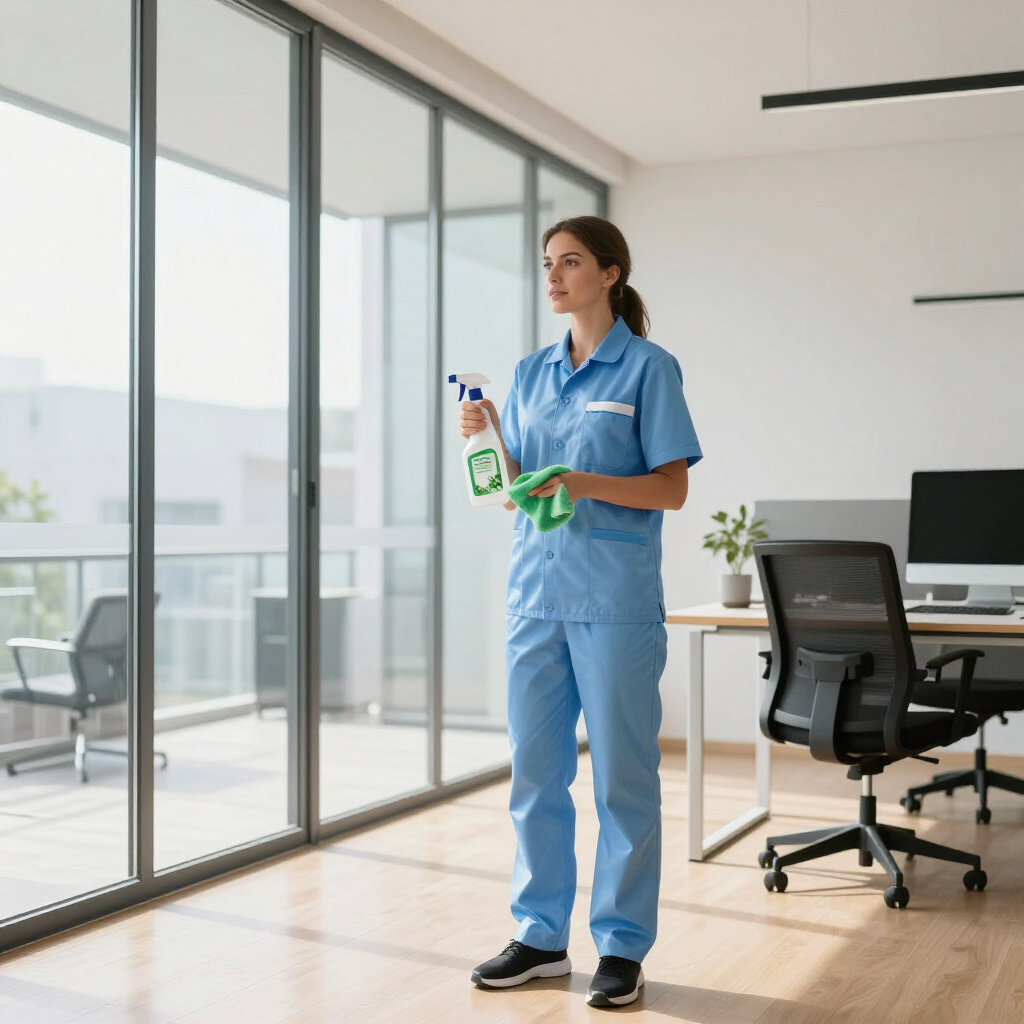Cleaner in blue uniform holding spray bottle and cloth in a bright modern office by glass windows