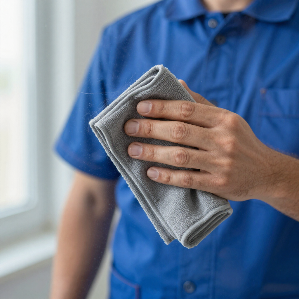Person in a blue shirt wiping a surface with a gray cleaning cloth