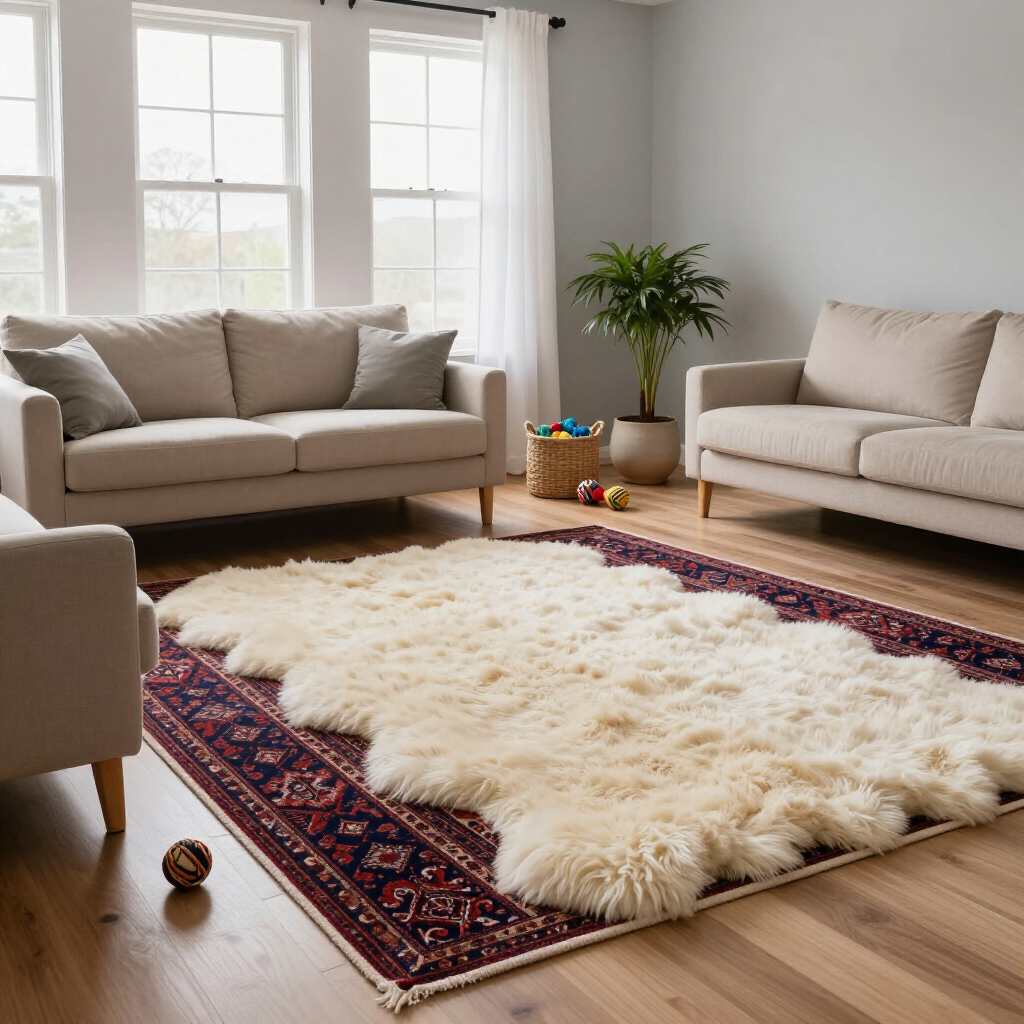 Bright living room with two beige sofas, a fluffy white rug, and a potted plant by the window.