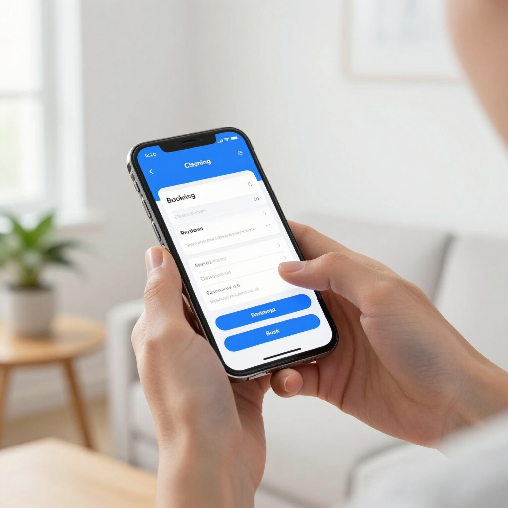 Hands holding a smartphone with a blue app screen and form fields in a bright room