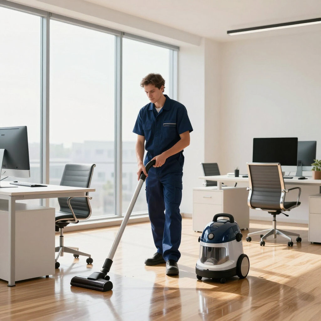 Janitor in blue uniform vacuuming a bright office beside a floor scrubber
