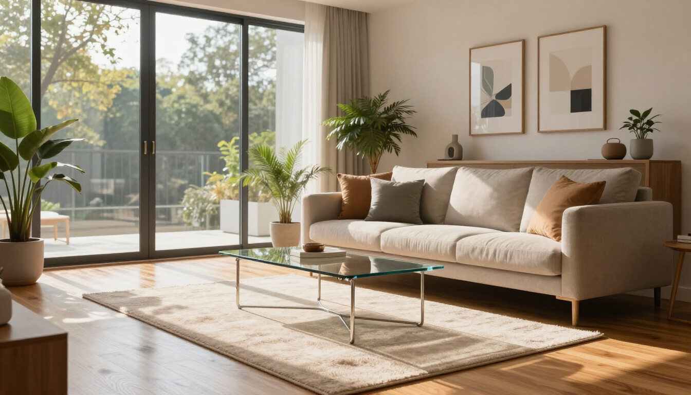 Sunlit modern living room with beige sofa, glass coffee table, large windows, plants, and framed wall art