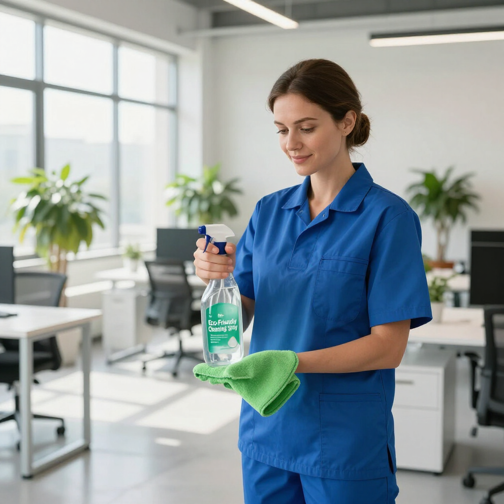 Worker in blue uniform cleaning an office surface with spray bottle and green cloth