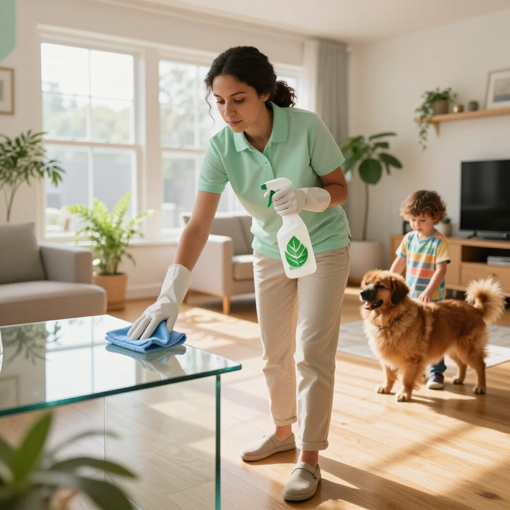 Woman cleaning a glass coffee table with spray and cloth in a sunlit living room, with a dog and child nearby