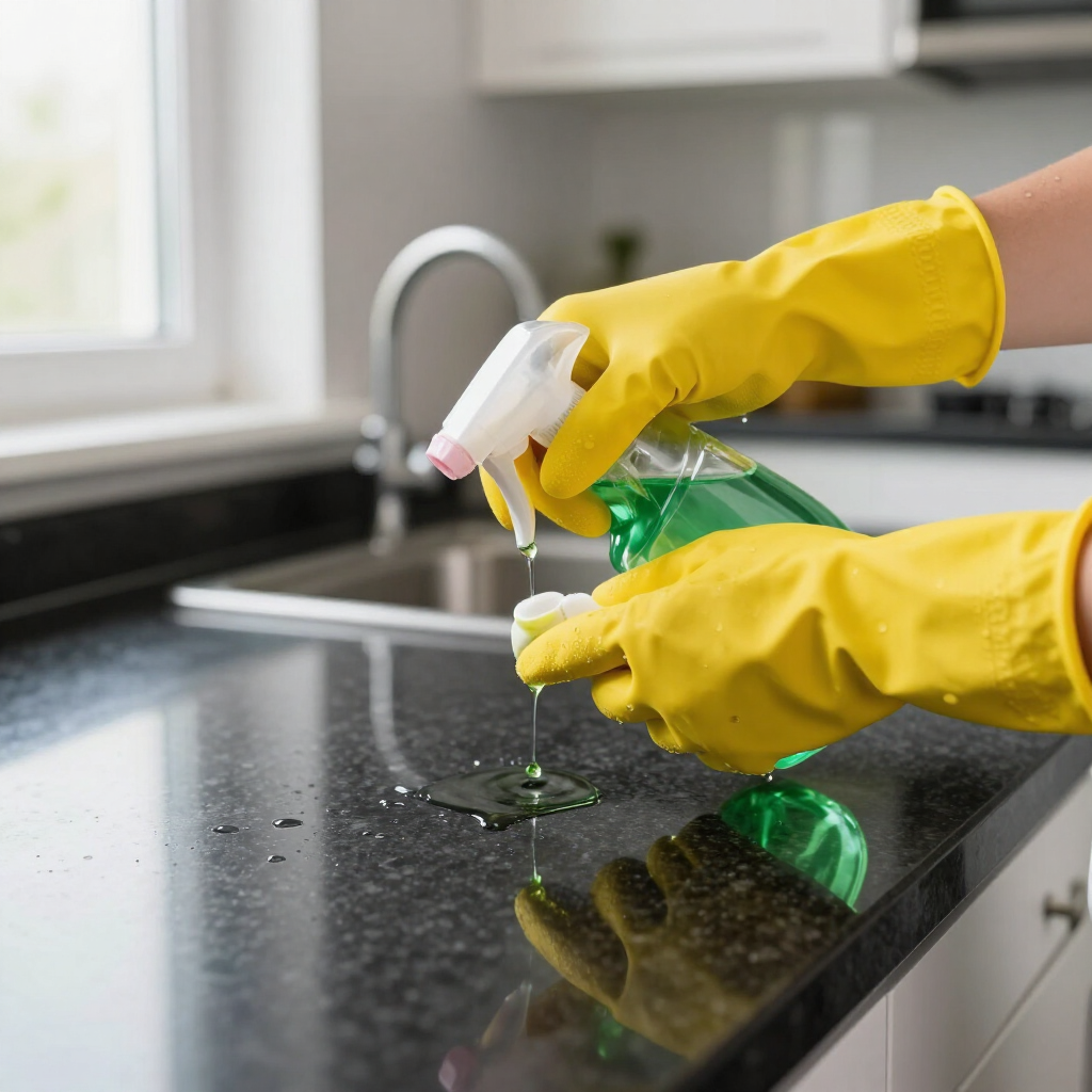 Yellow-gloved hands spray cleaner on a black kitchen countertop near a sink.