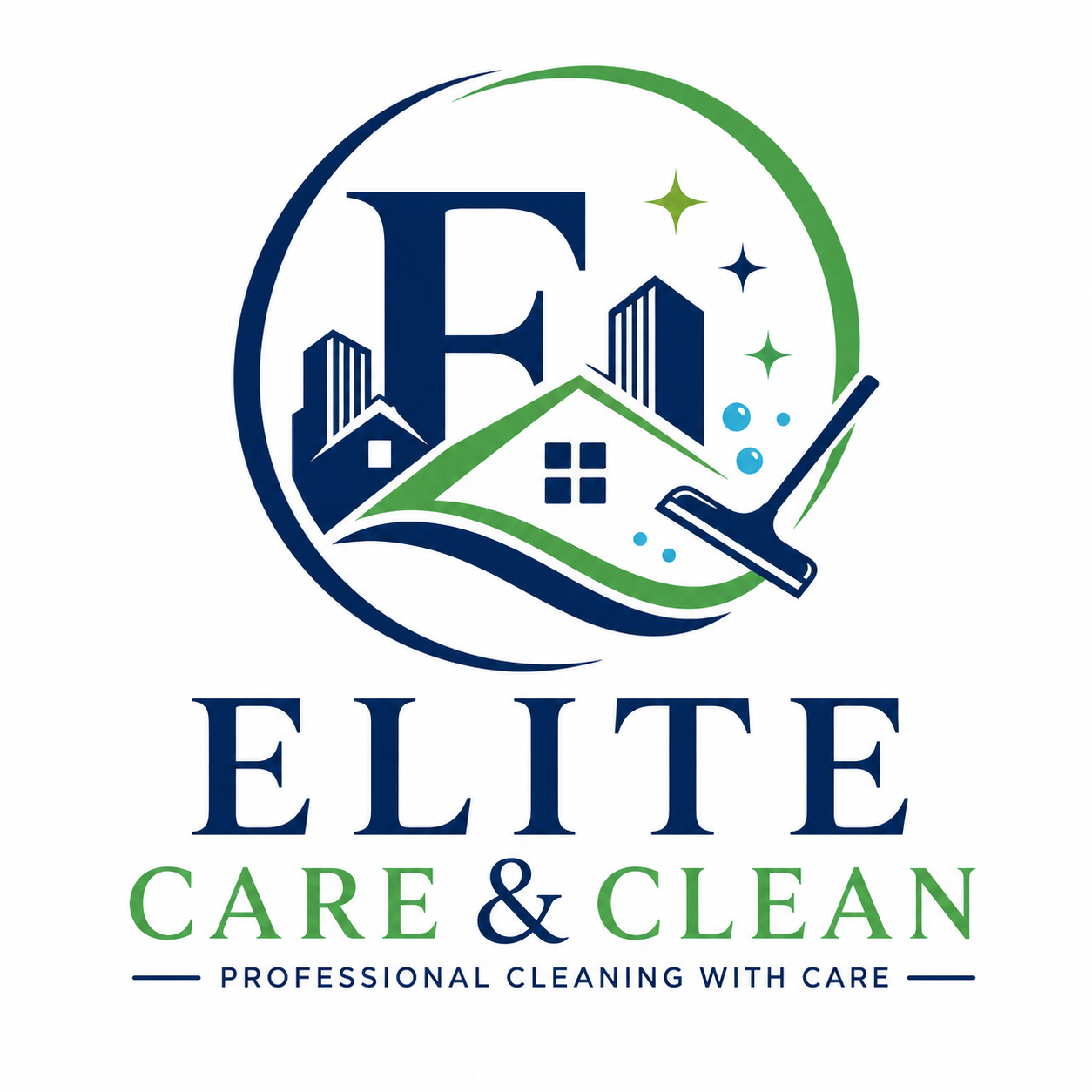 Elite Care & Clean logo with blue and house, office, and cleaning broom icon