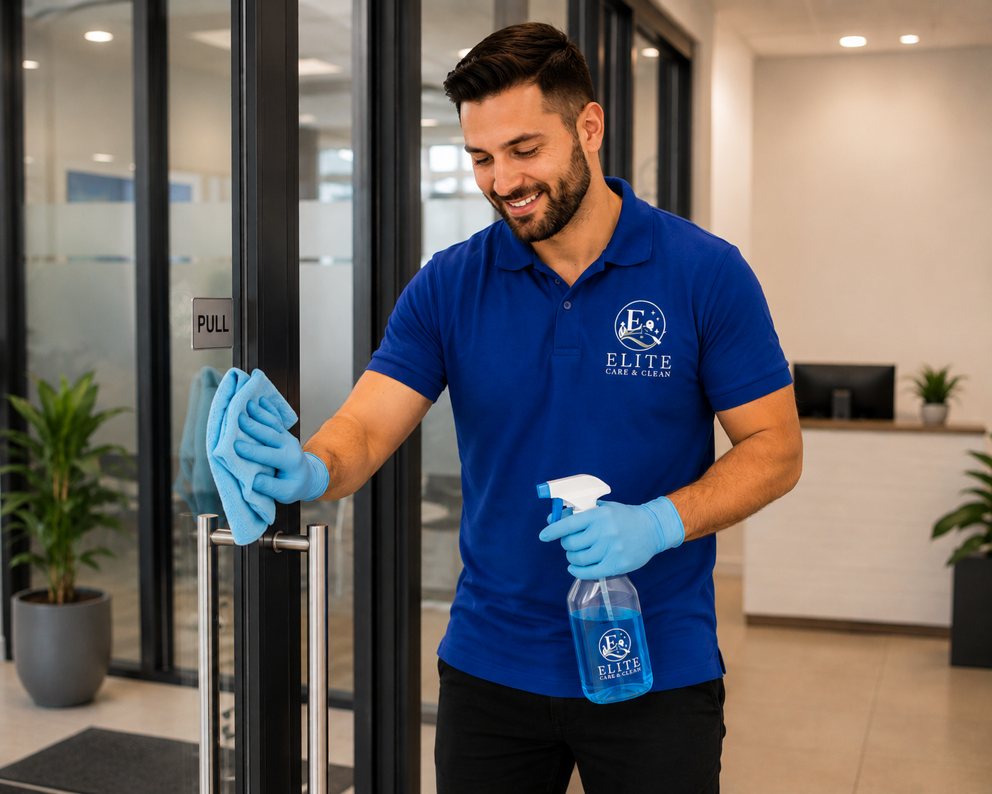 Cleaner in blue shirt and gloves wiping a glass door with spray bottle in an office lobby