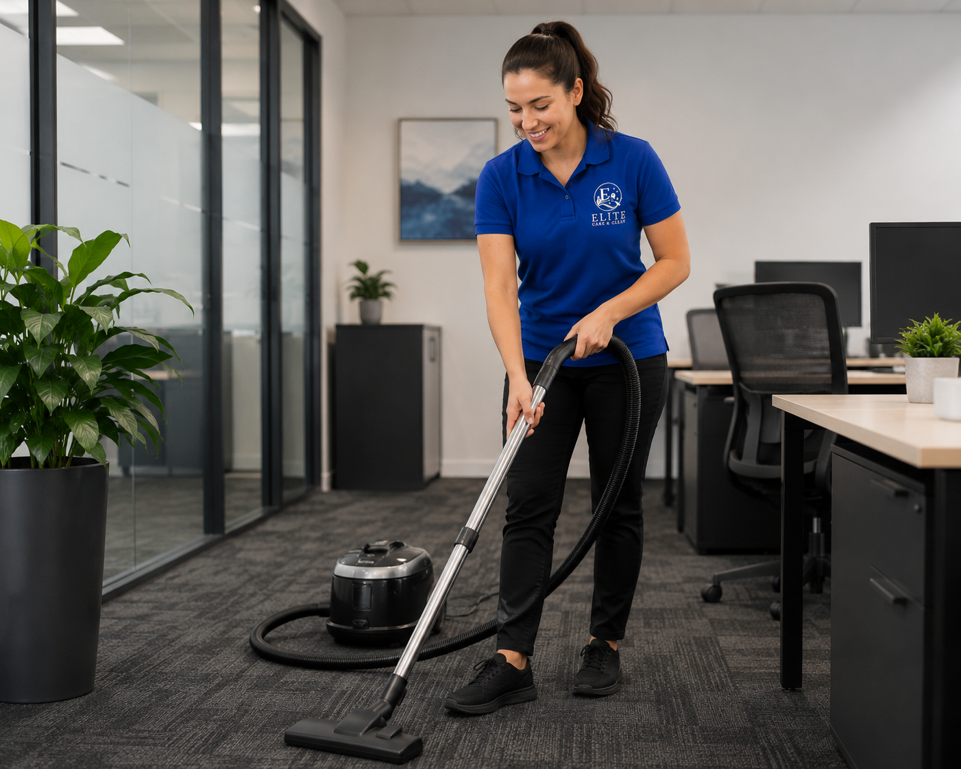 Woman vacuuming an office carpet with a canister vacuum, smiling in a modern workspace.