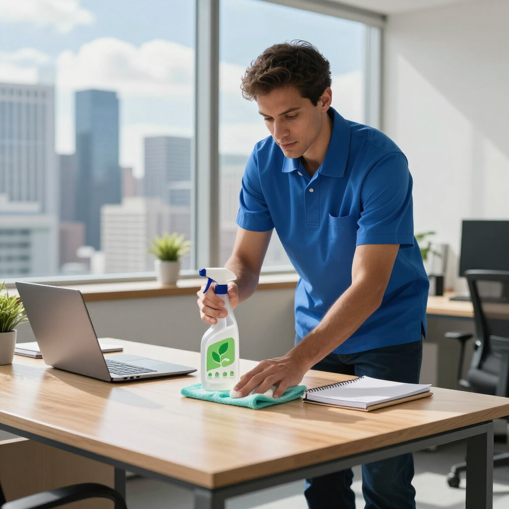 Office cleaner wiping a desk beside a laptop and spray bottle, with a city view in the background
