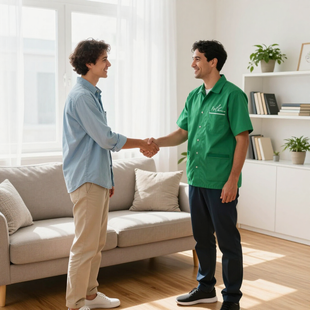 Two men shaking hands in a bright living room, one in a blue shirt and one in a green shirt.
