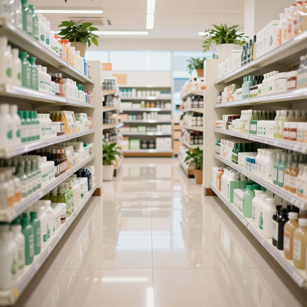 Bright pharmacy aisle with white shelves stocked with medicine and skincare products