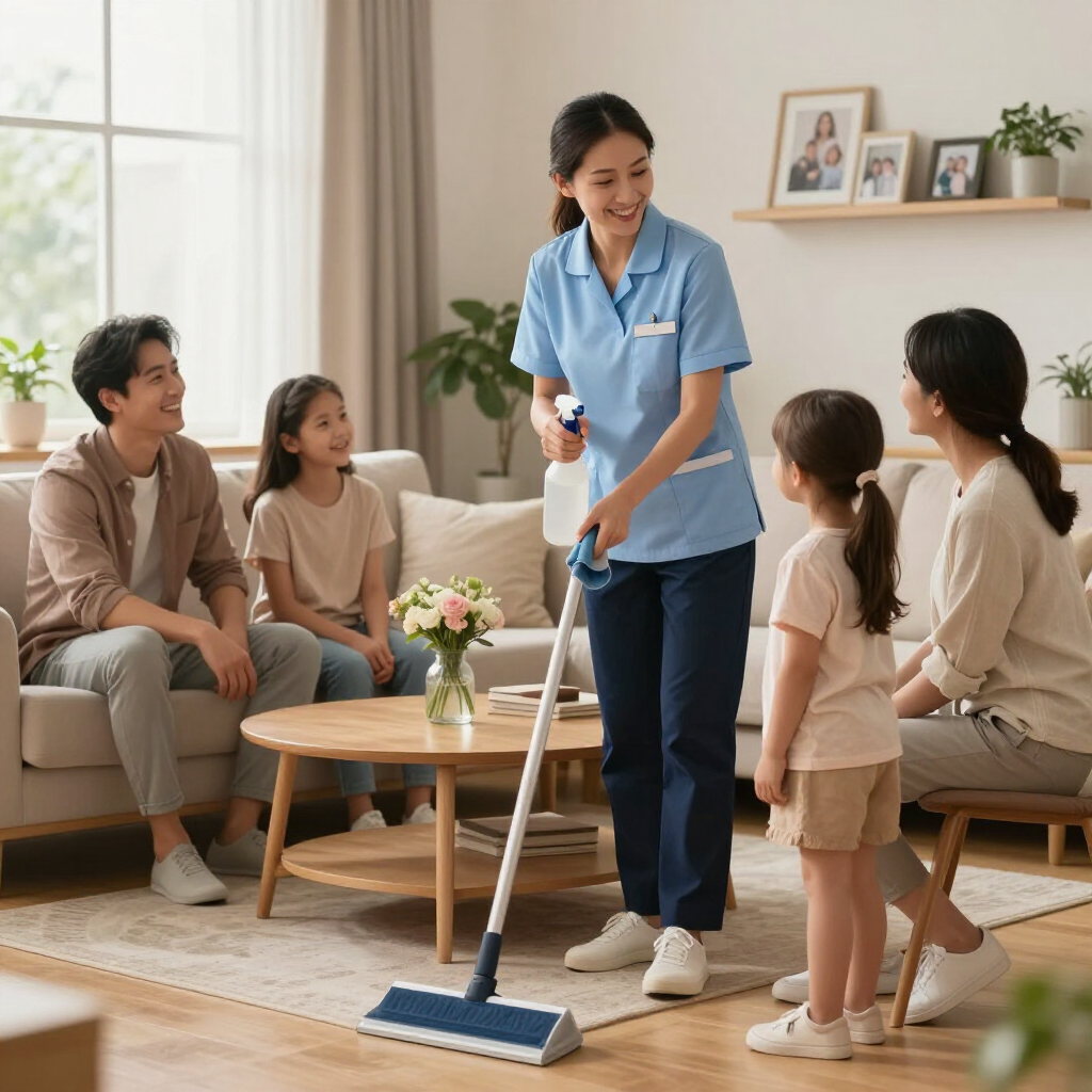 Cleaner in blue uniform mopping a bright living room while a family watches nearby