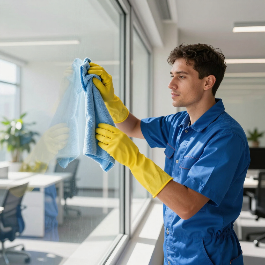 Worker in blue uniform cleaning a window with a blue cloth and yellow gloves