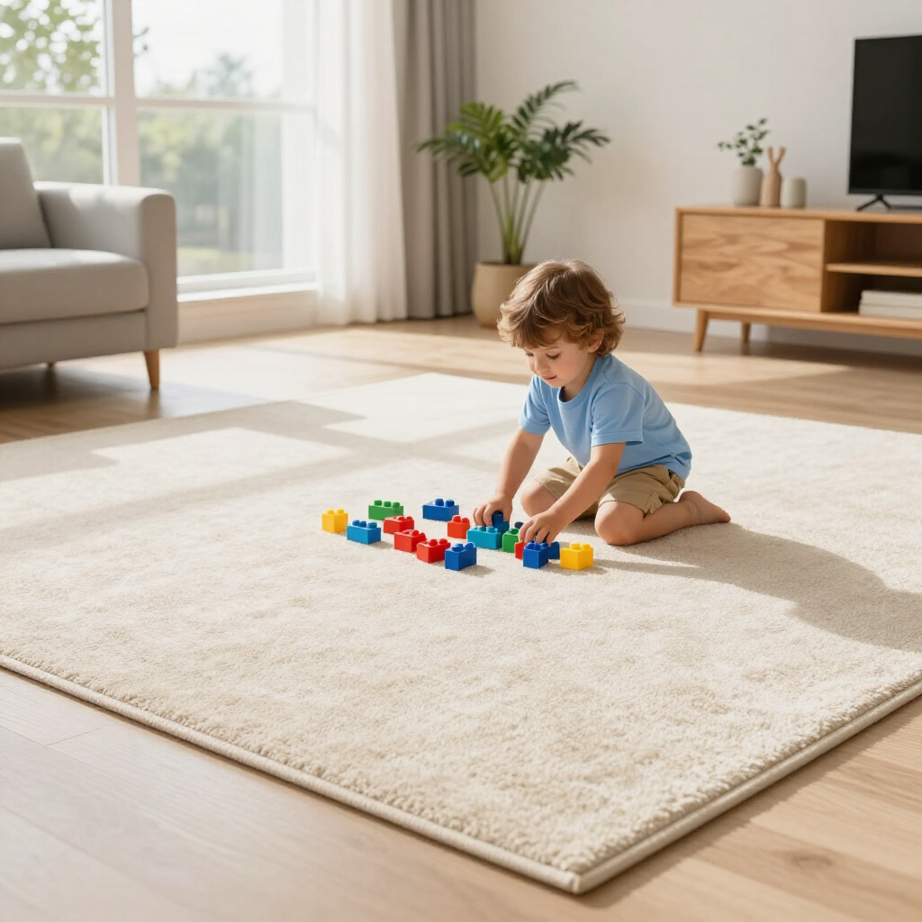 Toddler playing with colorful blocks on a beige rug in a bright living room