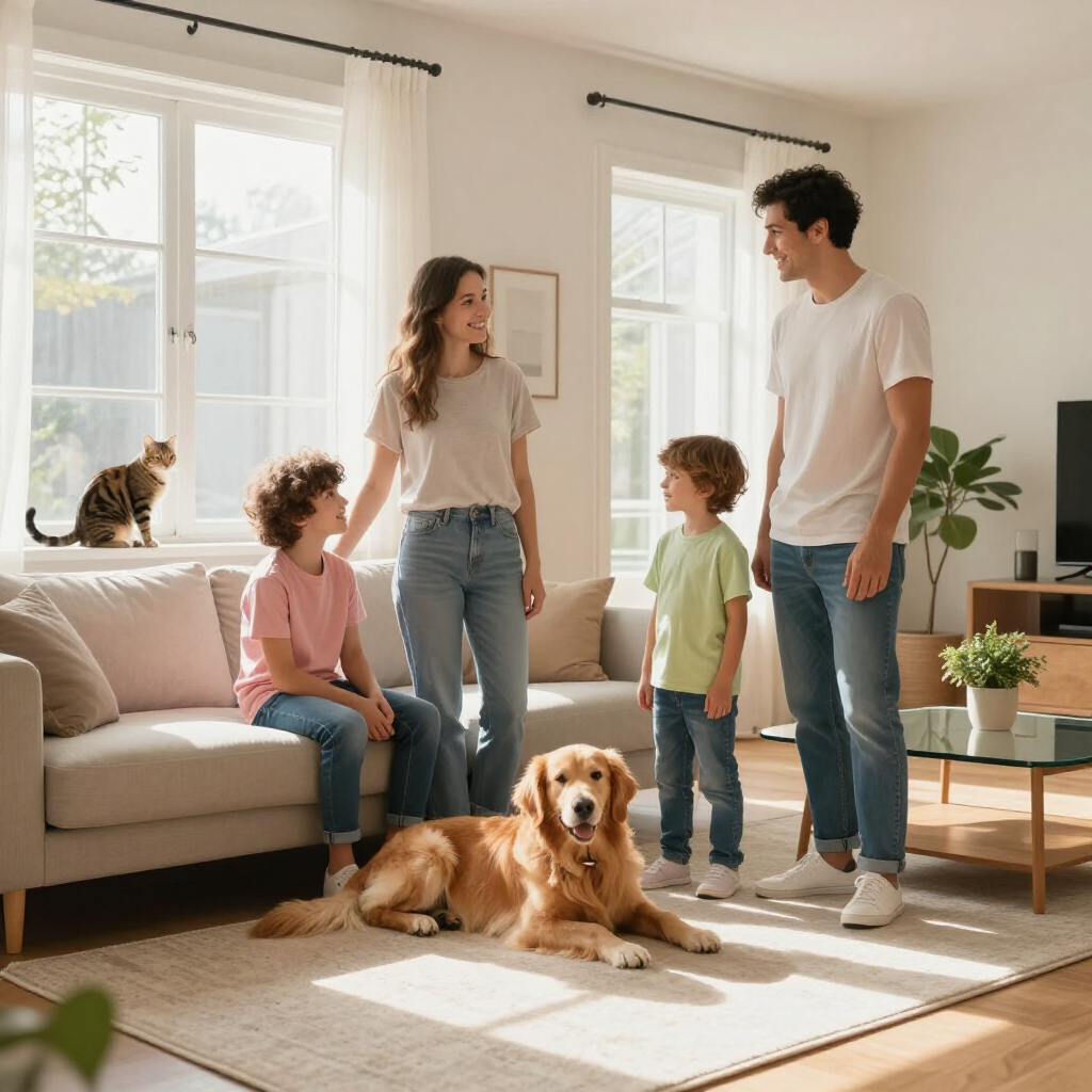 Family with two children and two dogs standing and lounging in a bright living room
