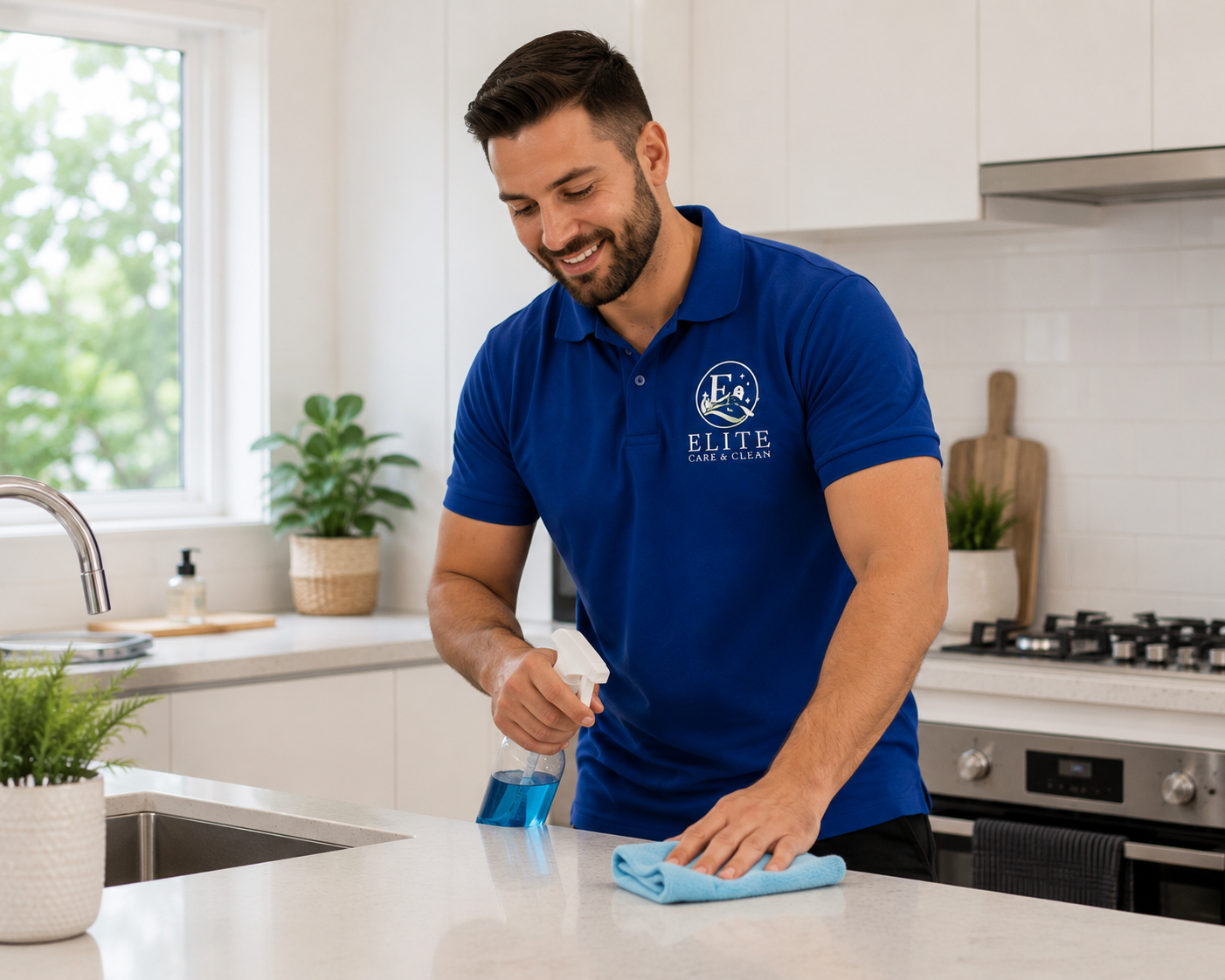 Person cleaning a kitchen counter with blue spray cleaner and cloth