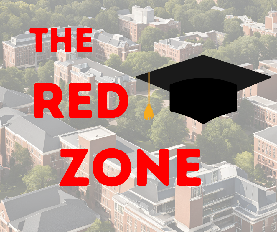 Picture of college campus with a grad hat and title about the Red Zone -  risk of sexual assault