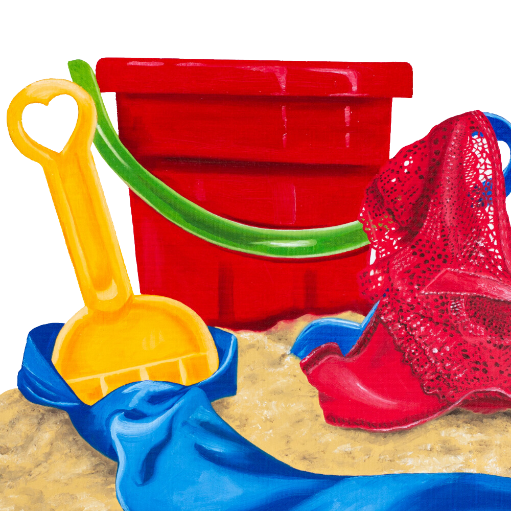 A red bucket with a green handle and a yellow shovel in the sandbox