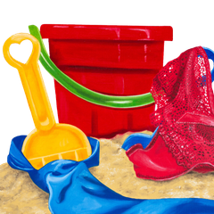 A red bucket with a green handle sits next to a yellow shovel and a blue towel