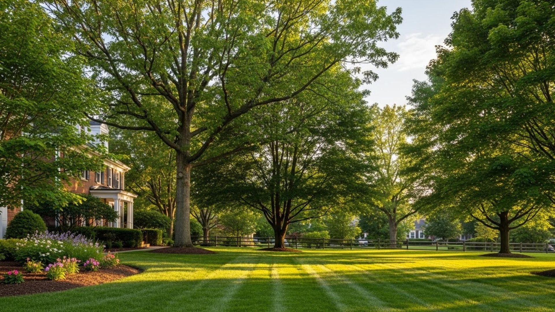 A sunlit, well-manicured lawn with striped grass patterns, surrounded by large, lush green trees and a house on the left.