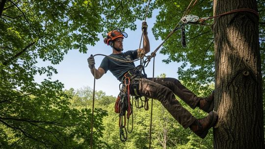A professional tree climber in safety gear suspended by ropes while working on a large tree in a forested area.