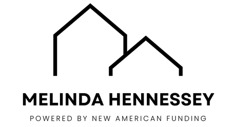 Melinda Hennessey logo with black roofline graphic and “Powered by New American Funding” text on white background for mortgage loans