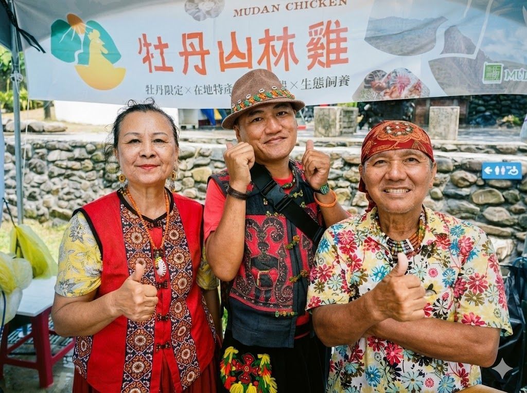 牡丹部落三個人在牡丹山林雞的攤位前面帶著微笑，豎起大拇指。