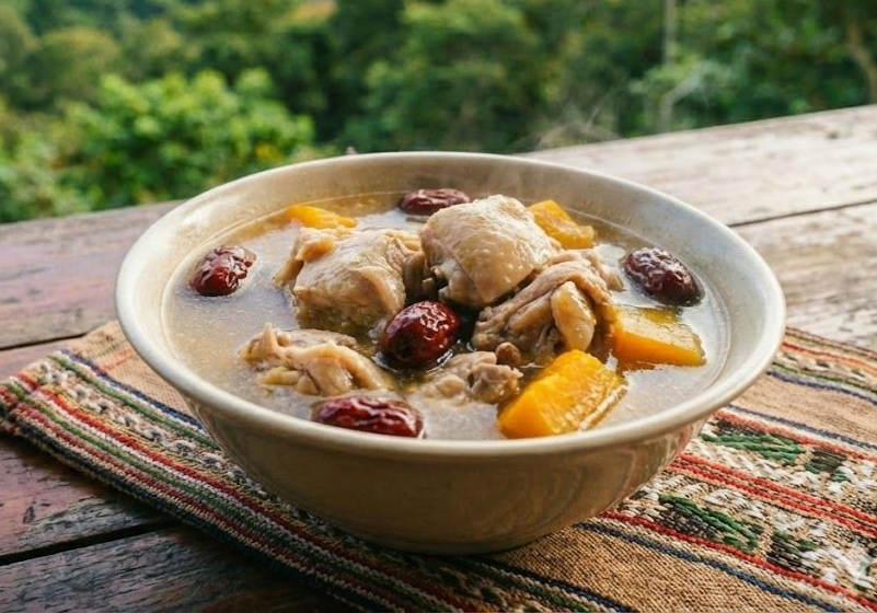 中興紅羽1982土雞,製作的烤雞放在一片大綠葉上,配上洋蔥和一小碟醬汁。