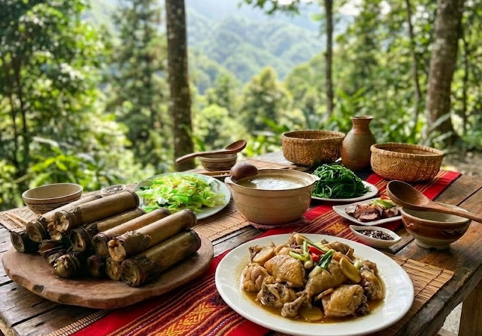 中興紅羽1982土雞烤雞放在鋪著綠葉的盤子裡,旁邊是其他菜餚,擺放在鋪著紅色桌布的桌子上。