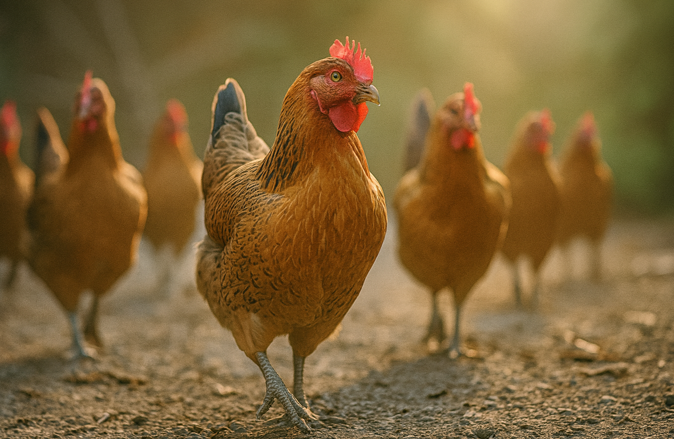 在陽光明媚的戶外環境中,一隻棕色中興紅羽1982土雞自信地走向鏡頭,後面跟著其他雞。